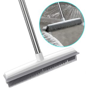 rubber broom with squeegee and adjustable long handle, pet hair and fur remover, carpet rake and floor brush for hardwood, tile and window