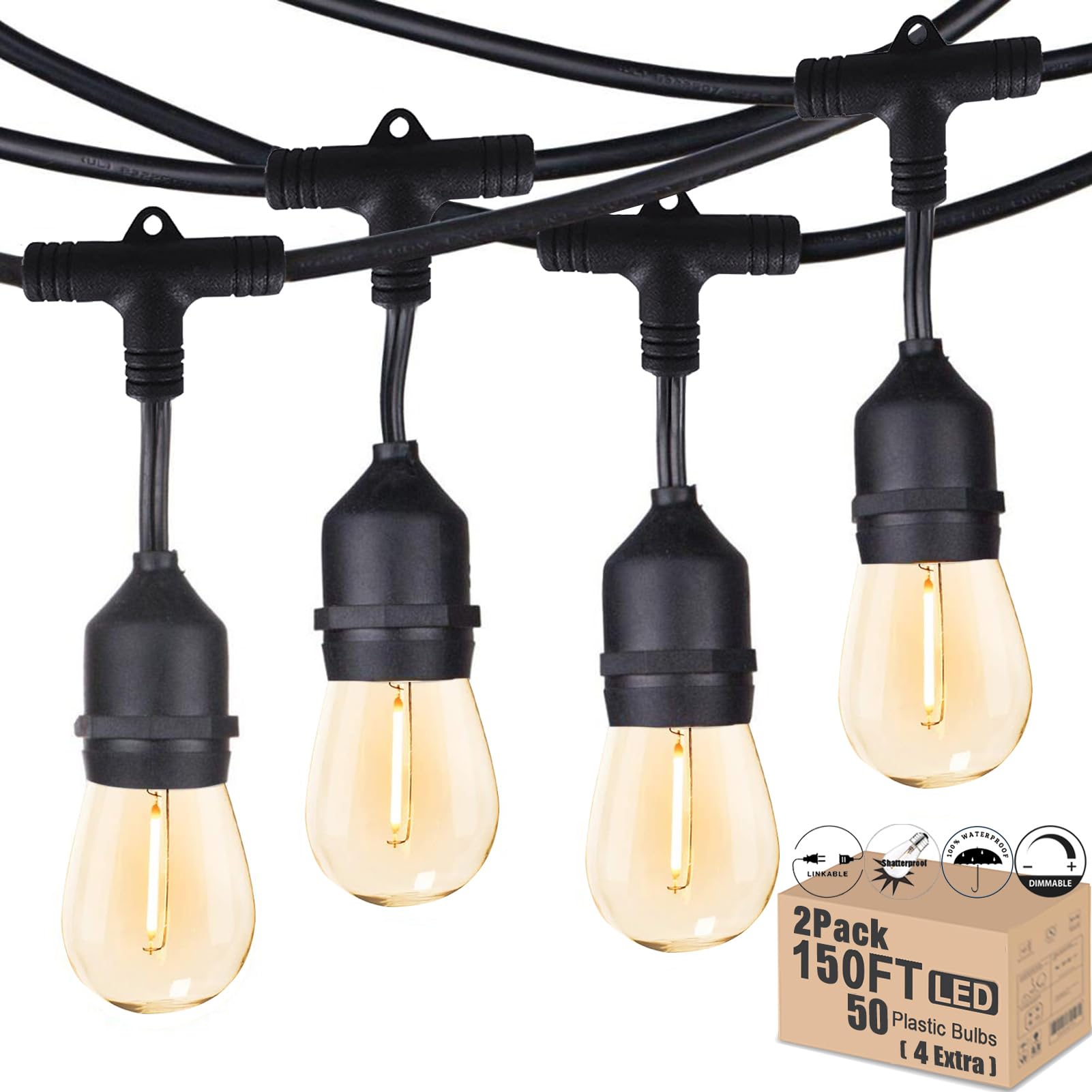 MEIDAODUO Outdoor String Lights LED 150FT Waterproof Heavy-Duty Patio Lights String with 50 Dimmable Shatterproof Plastic Edison Bulbs(4 Extra) for Gazebo Pergola Bistro Lights Connectable