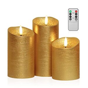 covege flickering flameless candles with timer, remote control candles set of 3, led battery operated candles for christmas home decoration, gold