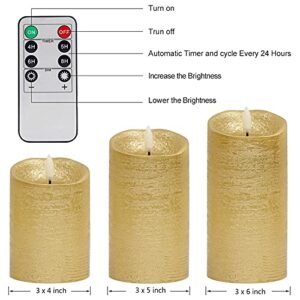 COVEGE Flickering Flameless Candles with Timer, Remote Control Candles Set of 3, LED Battery Operated Candles for Christmas Home Decoration, Gold