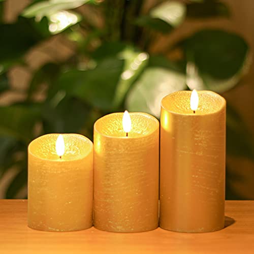 COVEGE Flickering Flameless Candles with Timer, Remote Control Candles Set of 3, LED Battery Operated Candles for Christmas Home Decoration, Gold