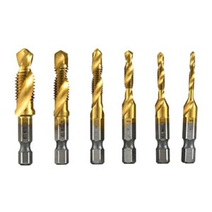 HUAZHICHUN Titanium Plating Combination Drill and Tap Bit Set,3-in-1 Screw Tapping Bit Tool,Hex Shank Drill Bits for Drilling, Tapping, with Quick-Change Adapter, 13 PCS SAE/Metric