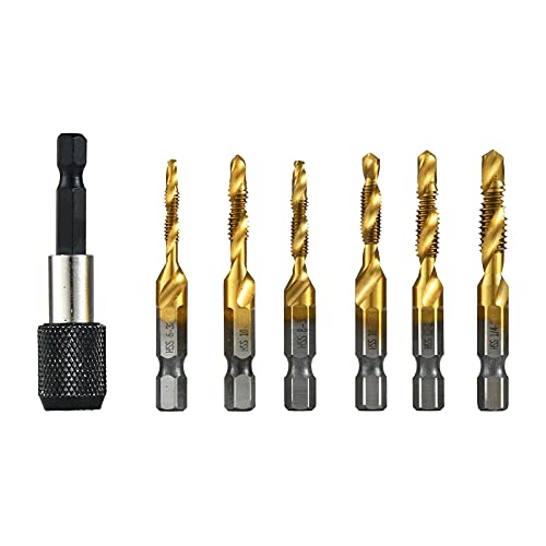 HUAZHICHUN Titanium Plating Combination Drill and Tap Bit Set,3-in-1 Screw Tapping Bit Tool,Hex Shank Drill Bits for Drilling, Tapping, with Quick-Change Adapter, 13 PCS SAE/Metric