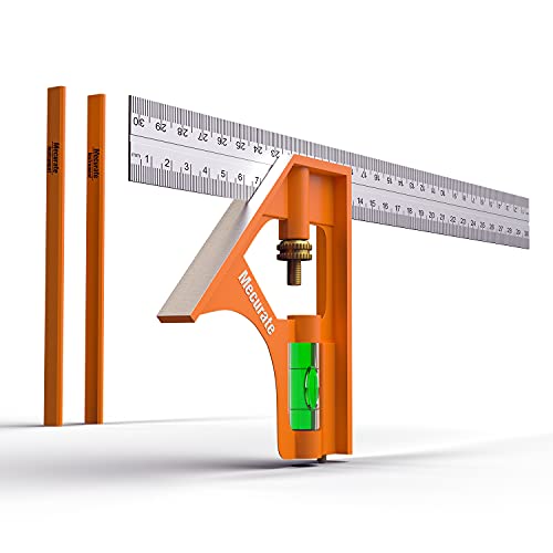 Mecurate 12“ Combination Square, 12 Inch 300mm Stainless Steel Combo Square for Accurate and Adjustable Woodworking Measurement with 2pcs Carpentery Pencils (12 inch)