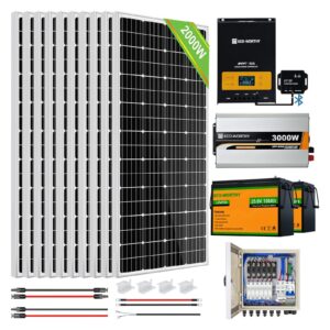 eco-worthy 8kwh 2000w 24v mppt solar power kit system for home: 10pcs 195w solar panel+ 2pcs 25.6v 100ah lithium battery+ 60a mppt controller+ 3000w 24v pure sine wave inverter+ 6 string combiner box