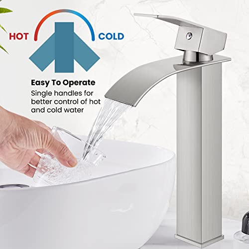 gotonovo Waterfall Bathroom Faucet,Single Handle Bathroom Faucets for 1 Hole Sink,Vessel Bathroom Sink Faucet Stainless Steel Mixer Tap Wash Basin Faucet,No Drain,Brushed Nickel