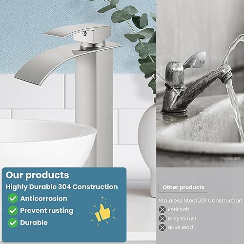 gotonovo Waterfall Bathroom Faucet,Single Handle Bathroom Faucets for 1 Hole Sink,Vessel Bathroom Sink Faucet Stainless Steel Mixer Tap Wash Basin Faucet,No Drain,Brushed Nickel