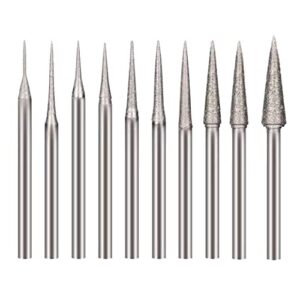 10 pcs various sizes diamond mounted grinding head burrs stone carving bits for rotary tools with 3/32" shank(d type spiked shape)