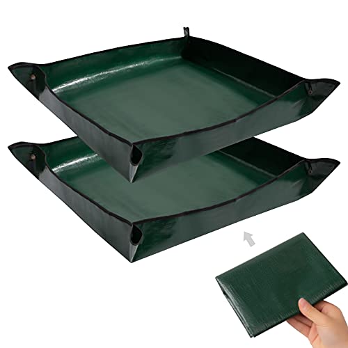 AvoKor 2PCS Gardening Mat Foldable Plant Mat Square Waterproof Gardening Mat Transplanting Plant Repotting Mat for Indoor Bonsai Succulent Plant Care (Dark Green，26.7 x 26.7 in) (Dark Green)