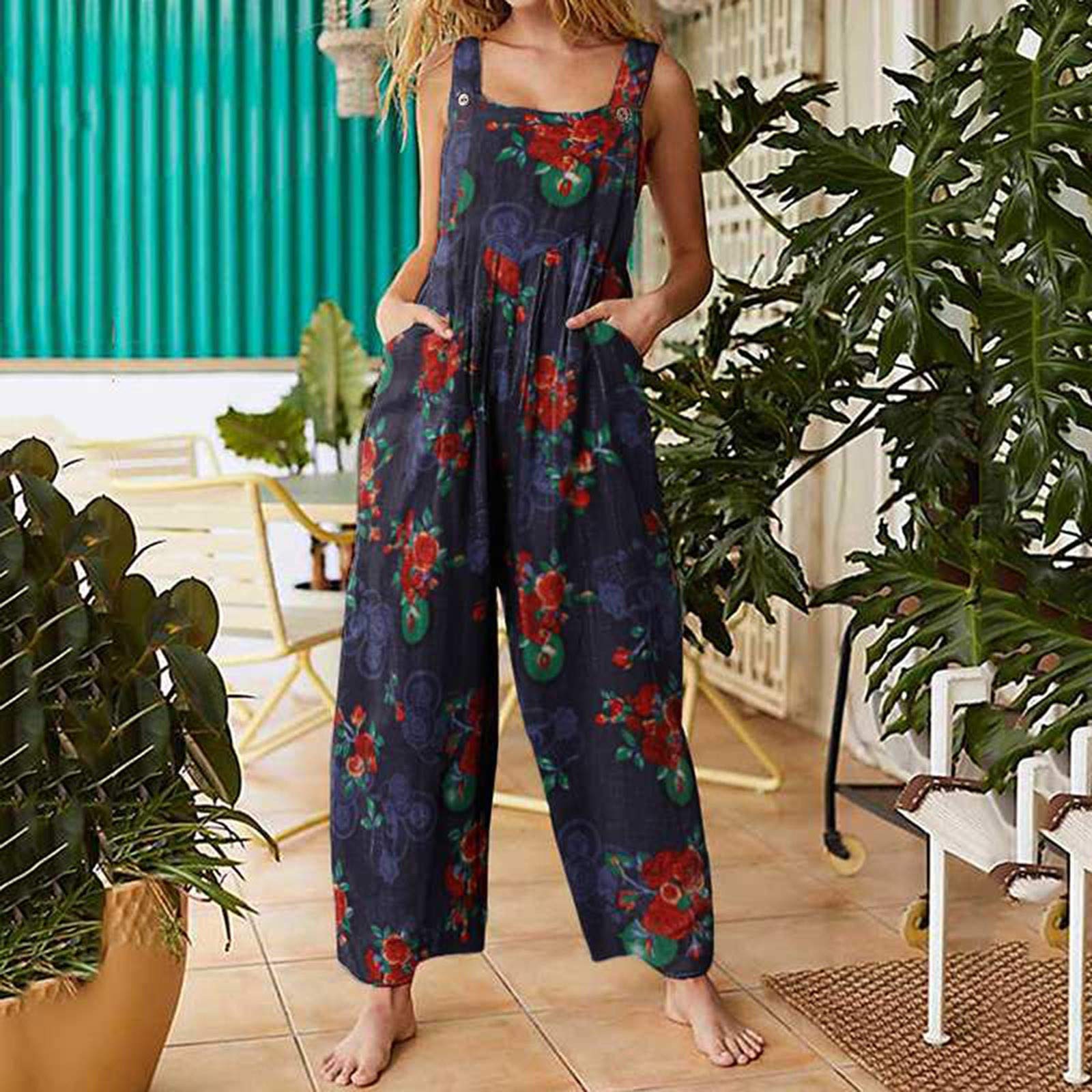 Bravetoshop Women Boho Overalls Summer Floral Loose Suspender Jumpsuits Wide Leg Pants Romper with Pockets (B-Navy,L)