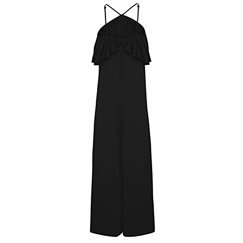 Bravetoshop Women's Sleeveless Suspender Jumpsuit Halter Neck Ruffle Hem Overalls Summer Boho Wide Leg Romper (Black,L)