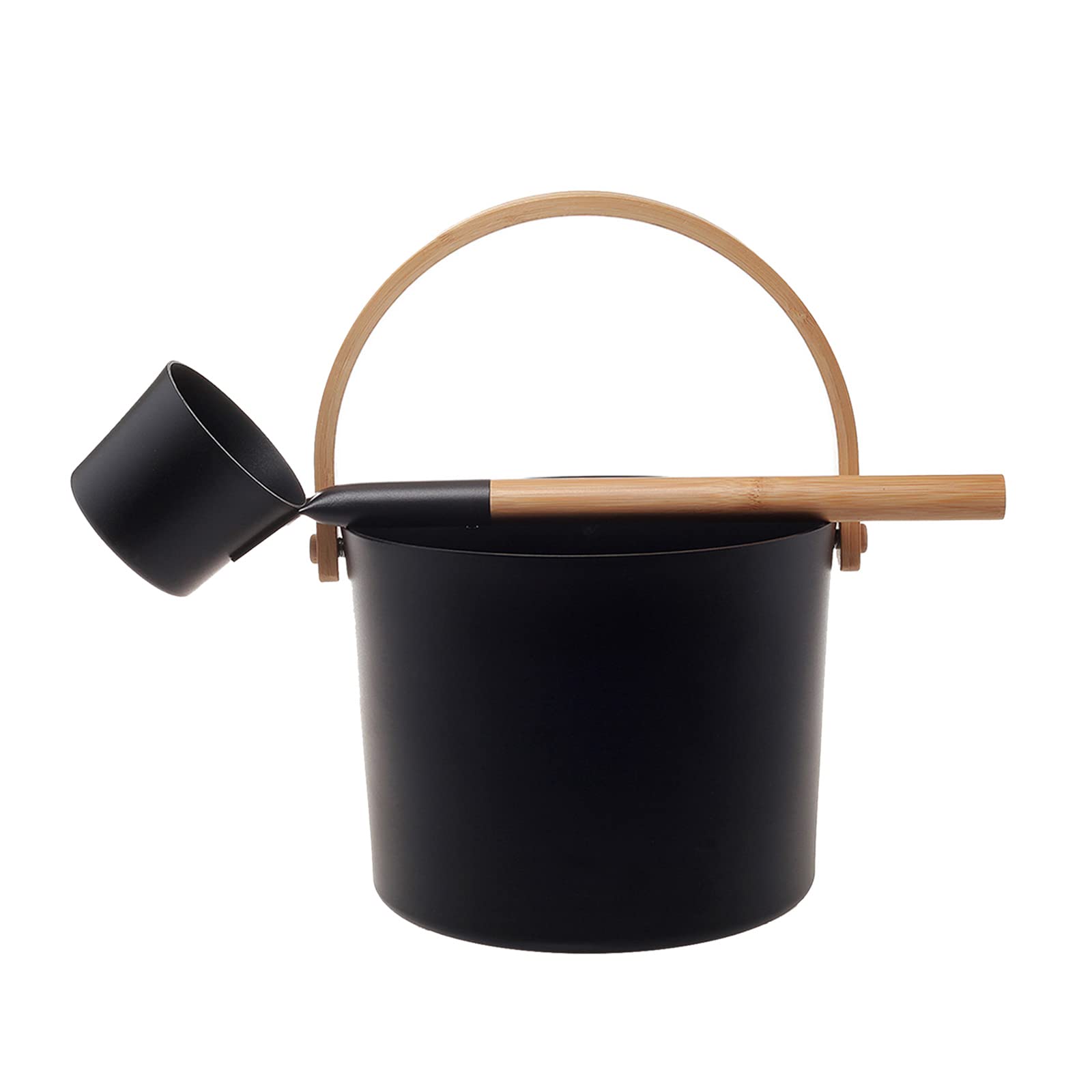 Prettyia 5L Aluminum Sauna Bucket and Ladle Kit with Wooden Handle SPA Bath Accessory - 5L Black_Style C