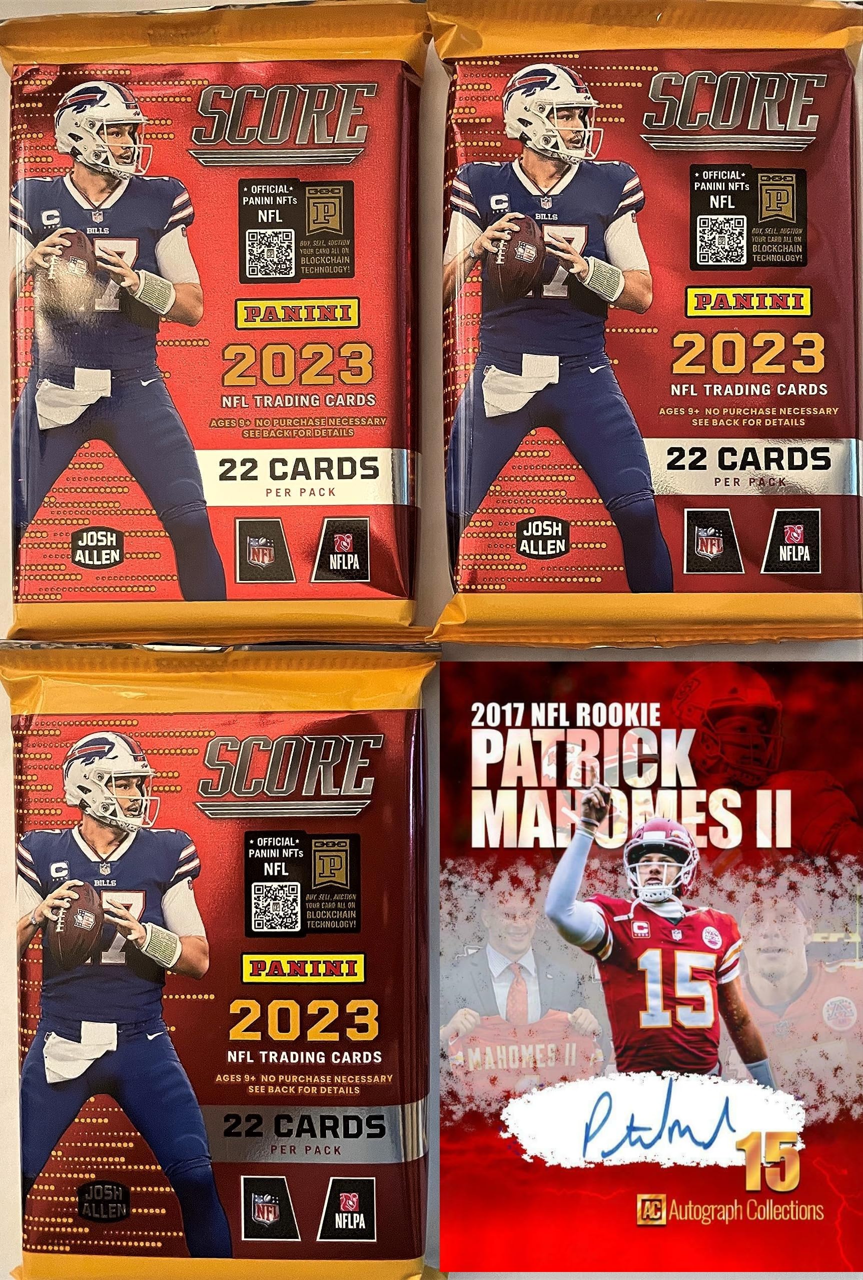 NEW 2023 Panini SCORE Football Cards (3) THREE FACTORY SEALED PACKs w/ 22 Cards Per Pack - 66 CARDS - Plus Novelty Mahomes Card Pictured