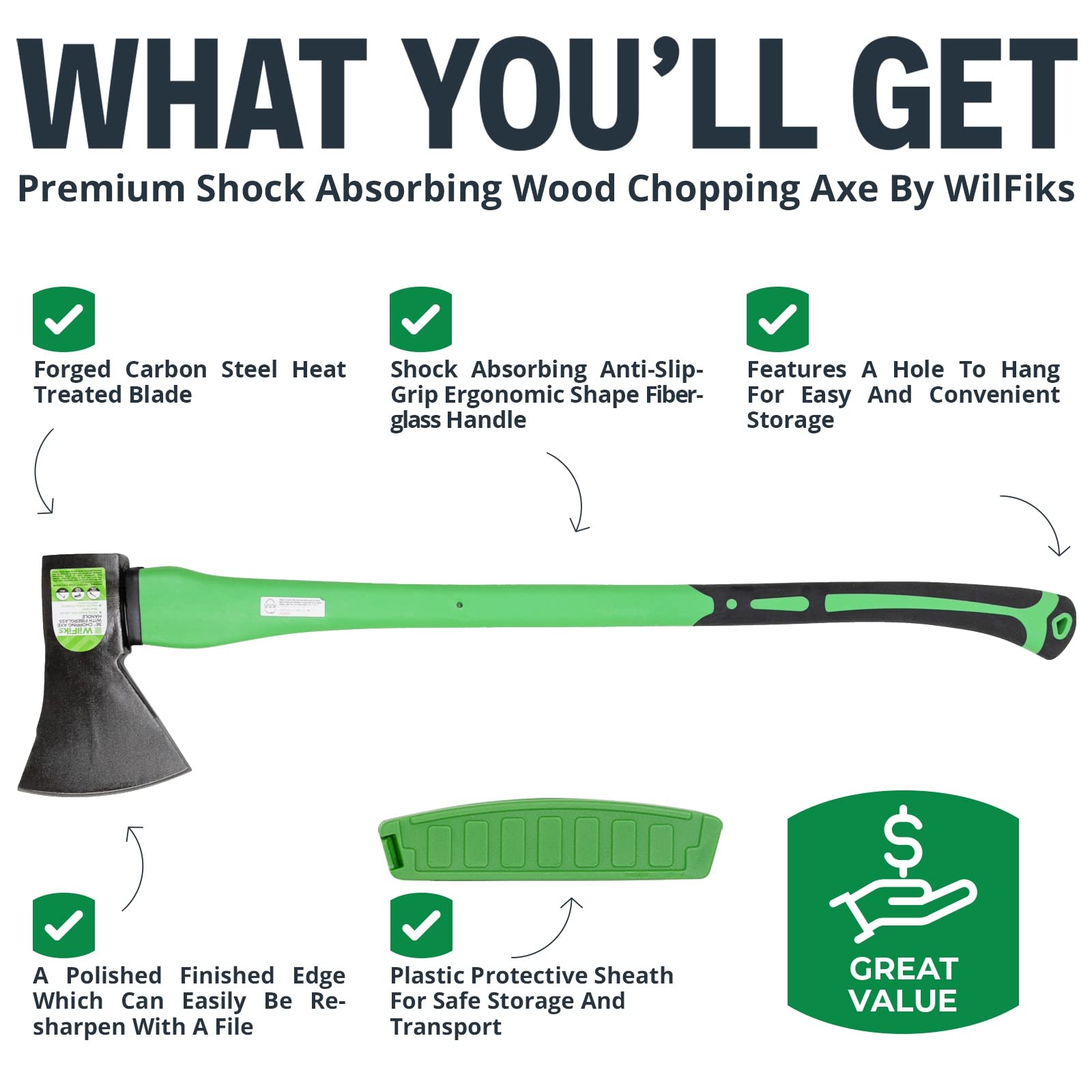 WilFiks Chopping Axe, 36” Camping Outdoor Hatchet for Wood Splitting and Kindling, Forged Carbon Steel Heat Treated Hand Maul Tool, Fiberglass Shock Reduction Handle with Anti-Slip Grip