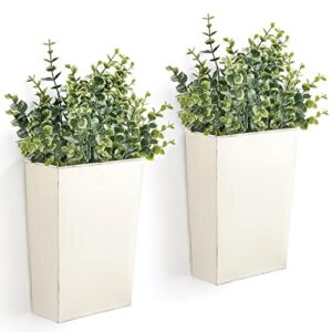 dahey 2 packs metal wall planter with artificial plants, farmhouse wall decor hanging wall vase boxs galvanized flowers holder for country rustic home wall decor, white