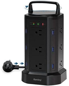 power strip surge protector tower 2100j, superdanny extension cord with multiple outlets, 12 ac 6 usb charging station, handle cord retracting, 6.5ft overload protection for garage, workbench, black