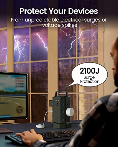 Power Strip Surge Protector Tower 2100J, SUPERDANNY Extension Cord with Multiple Outlets, 12 AC 6 USB Charging Station, Handle Cord Retracting, 6.5ft Overload Protection for Garage, Workbench, Black
