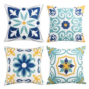 outdoor waterproof throw pillow covers set of 4 floral printed and boho farmhouse outdoor pillow covers for patio funiture garden 18x18 inch blue