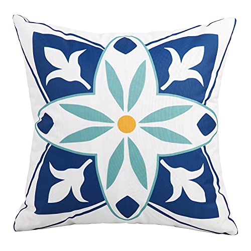 Outdoor Waterproof Throw Pillow Covers Set of 4 Floral Printed and Boho Farmhouse Outdoor Pillow Covers for Patio Funiture Garden 18x18 Inch Blue