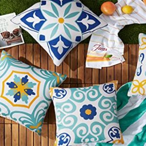 Outdoor Waterproof Throw Pillow Covers Set of 4 Floral Printed and Boho Farmhouse Outdoor Pillow Covers for Patio Funiture Garden 18x18 Inch Blue