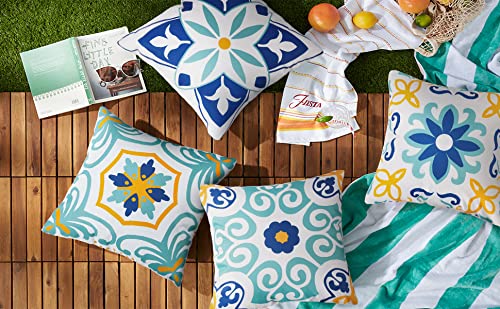 Outdoor Waterproof Throw Pillow Covers Set of 4 Floral Printed and Boho Farmhouse Outdoor Pillow Covers for Patio Funiture Garden 18x18 Inch Blue