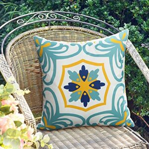 Outdoor Waterproof Throw Pillow Covers Set of 4 Floral Printed and Boho Farmhouse Outdoor Pillow Covers for Patio Funiture Garden 18x18 Inch Blue