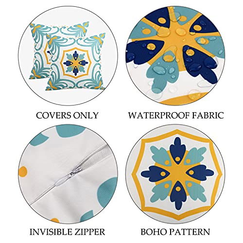 Outdoor Waterproof Throw Pillow Covers Set of 4 Floral Printed and Boho Farmhouse Outdoor Pillow Covers for Patio Funiture Garden 18x18 Inch Blue