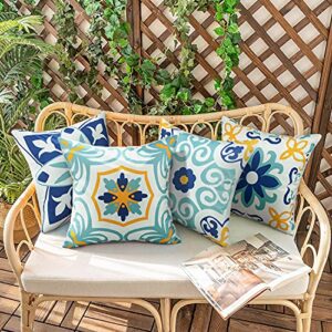 Outdoor Waterproof Throw Pillow Covers Set of 4 Floral Printed and Boho Farmhouse Outdoor Pillow Covers for Patio Funiture Garden 18x18 Inch Blue