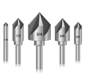 countersink drill bit set, 5 pieces 1/4” 3/8” 1/2” 5/8” 3/4” high speed steel 1/4” (6mm) round shank, 82 degrees counter angle, 5 flute mill cutter bit countersink set, silver