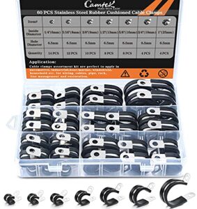 60pcs cable clamps assortment kit, camtek stainless steel rubber cushion pipe clamps hose clamps metal clamp fuel line hose water pipe air tubing clamp 7 sizes 1/4'' 5/16'' 3/8'' 1/2'' 5/8'' 3/4'' 1''