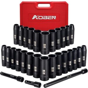 aoben 1/2-inch drive impact socket set, 29 pieces, 6 point, sae/metric, (3/8" - 1", 10mm - 24mm), deep, cr-v steel, includes 3", 5", 10" extension bars
