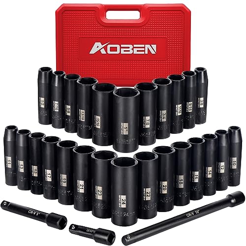 AOBEN 1/2-Inch Drive Impact Socket Set, 29 Pieces, 6 Point, SAE/Metric, (3/8" - 1", 10mm - 24mm), Deep, Cr-V Steel, Includes 3", 5", 10" Extension bars