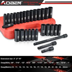 AOBEN 1/2-Inch Drive Impact Socket Set, 29 Pieces, 6 Point, SAE/Metric, (3/8" - 1", 10mm - 24mm), Deep, Cr-V Steel, Includes 3", 5", 10" Extension bars