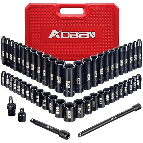 AOBEN 1/4-Inch Drive Impact Socket Set, 54 Pieces, 6 Point, SAE/Metric, (5/32" - 9/16" ，4mm -15mm)，Deep/Shallow, Cr-V Steel, Includes Extension bars and Socket Adapter