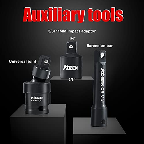 AOBEN 1/4-Inch Drive Impact Socket Set, 54 Pieces, 6 Point, SAE/Metric, (5/32" - 9/16" ，4mm -15mm)，Deep/Shallow, Cr-V Steel, Includes Extension bars and Socket Adapter