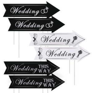 set of 6 wedding directional yard signs with stakes, double-side printed wedding this way arrow black & white outdoor directional road sign wedding supply decor for ceremony reception