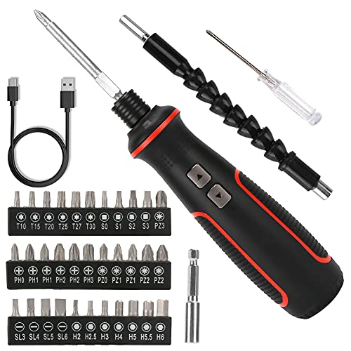 Electric Screwdriver Set, Compact Cordless Power Screwdriver Drill Set 3.6V, Rechargeable LED Work Light with Replaceable Battery Includes 40 Bits | 1 Flexible Drill Bit Extension | 1 Extention Holder