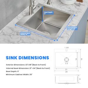 POPFLY 23 Inch Kitchen Sink,18 Gauge Drop In Bar Prep Small Sink, Top mount 304 Stainless Steel Single Bowl Deep Sink,Brushed（23x18x9）