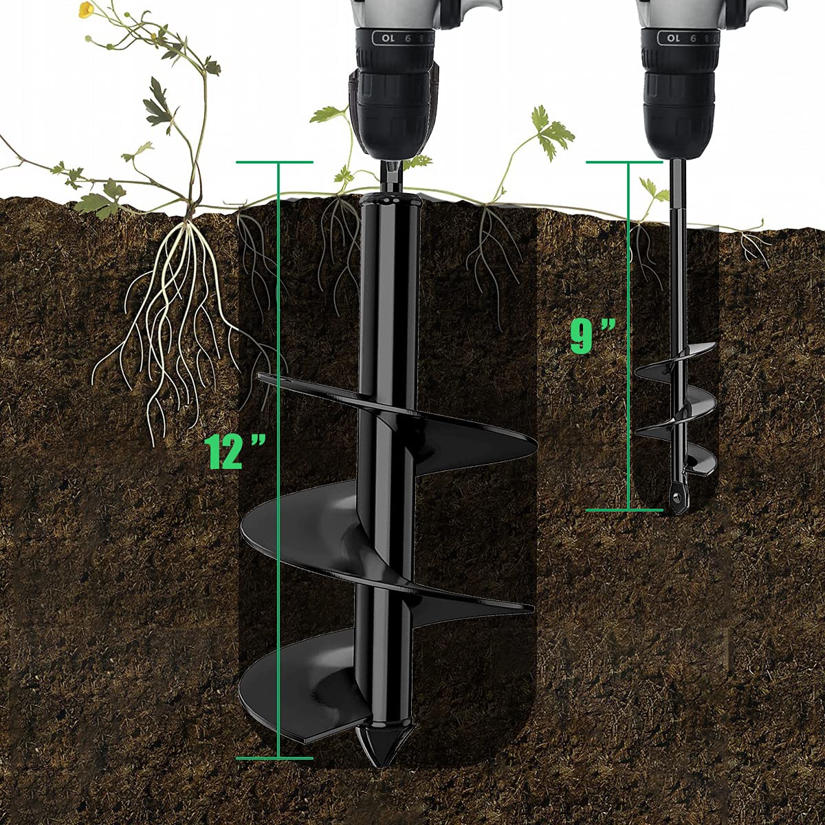 Auger Drill Bit Set(2 PCS  3.2"D x12"L&1.6"D x9"L) Garden Spiral Drill Bit Auger Post Hole Digger for Planting Bulb Flower, Tulips, Iris, Post Umbrella Hole Digger for 3/8” Hex Drive Drill Bulb Planter, Digging Weeds Roots