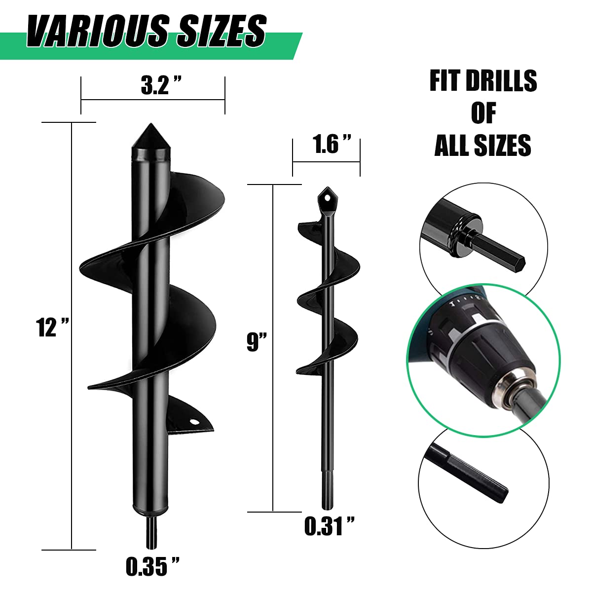 Auger Drill Bit Set(2 PCS  3.2"D x12"L&1.6"D x9"L) Garden Spiral Drill Bit Auger Post Hole Digger for Planting Bulb Flower, Tulips, Iris, Post Umbrella Hole Digger for 3/8” Hex Drive Drill Bulb Planter, Digging Weeds Roots