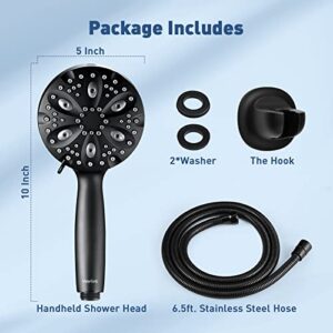 Shower Head-WaterSong 7 Settings+Build in Power Wash Handheld Spray with 6.5ft Stainless Steel Hose/Adjustable Mount for Luxury Bath Massage Spa, One Button Switch to Ejction Mode, Matte Black