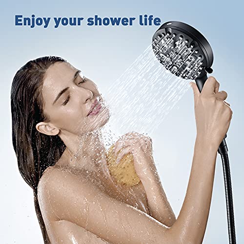 Shower Head-WaterSong 7 Settings+Build in Power Wash Handheld Spray with 6.5ft Stainless Steel Hose/Adjustable Mount for Luxury Bath Massage Spa, One Button Switch to Ejction Mode, Matte Black