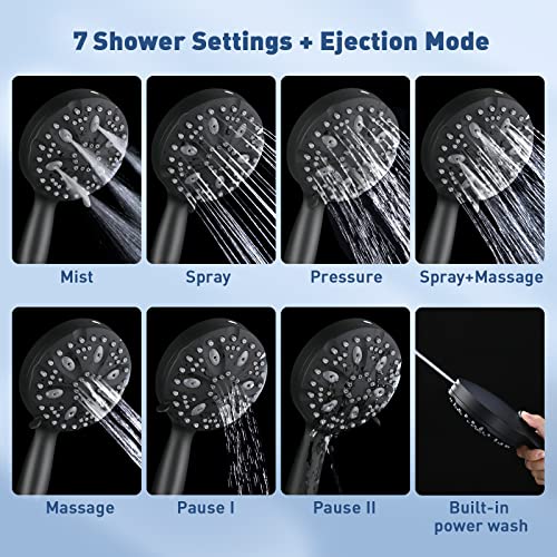 Shower Head-WaterSong 7 Settings+Build in Power Wash Handheld Spray with 6.5ft Stainless Steel Hose/Adjustable Mount for Luxury Bath Massage Spa, One Button Switch to Ejction Mode, Matte Black