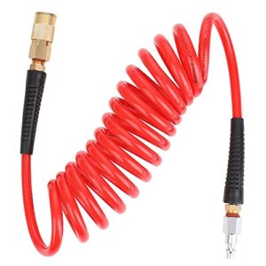 hromee 1/4-inch x 10ft polyurethane recoil air hose with fittings compressor hose with 1/4 in. industrial npt coupler and plug kit, red