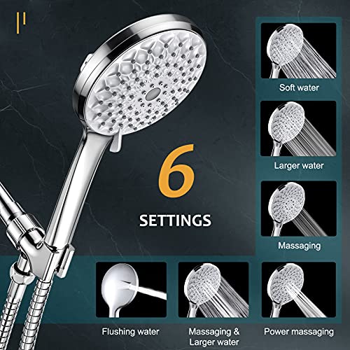 Shower Head with Handheld High Pressure with Hose - YEAUPE Detachable Shower Heads 6 Spray Settings, Built-in Power Wash to Clean Tub, Tile & Pets, Bracket, Rubber Washers, 59 Inch Hose