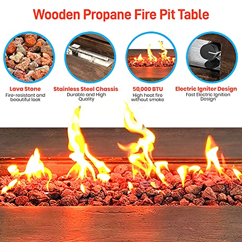 SereneLife Outdoor Propane Fire Table Pit - 54 Inch 50,000 BTU Outdoor Fireplace Table - Adjustable Flame, Thermocouple - PVC Cover, Lava Rock - SereneLife SLCNX76