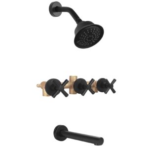 kaphome matte black 3 handles shower faucet set with tub spout,tub and shower trim kit with valve,wall mounted,khssb05u-1