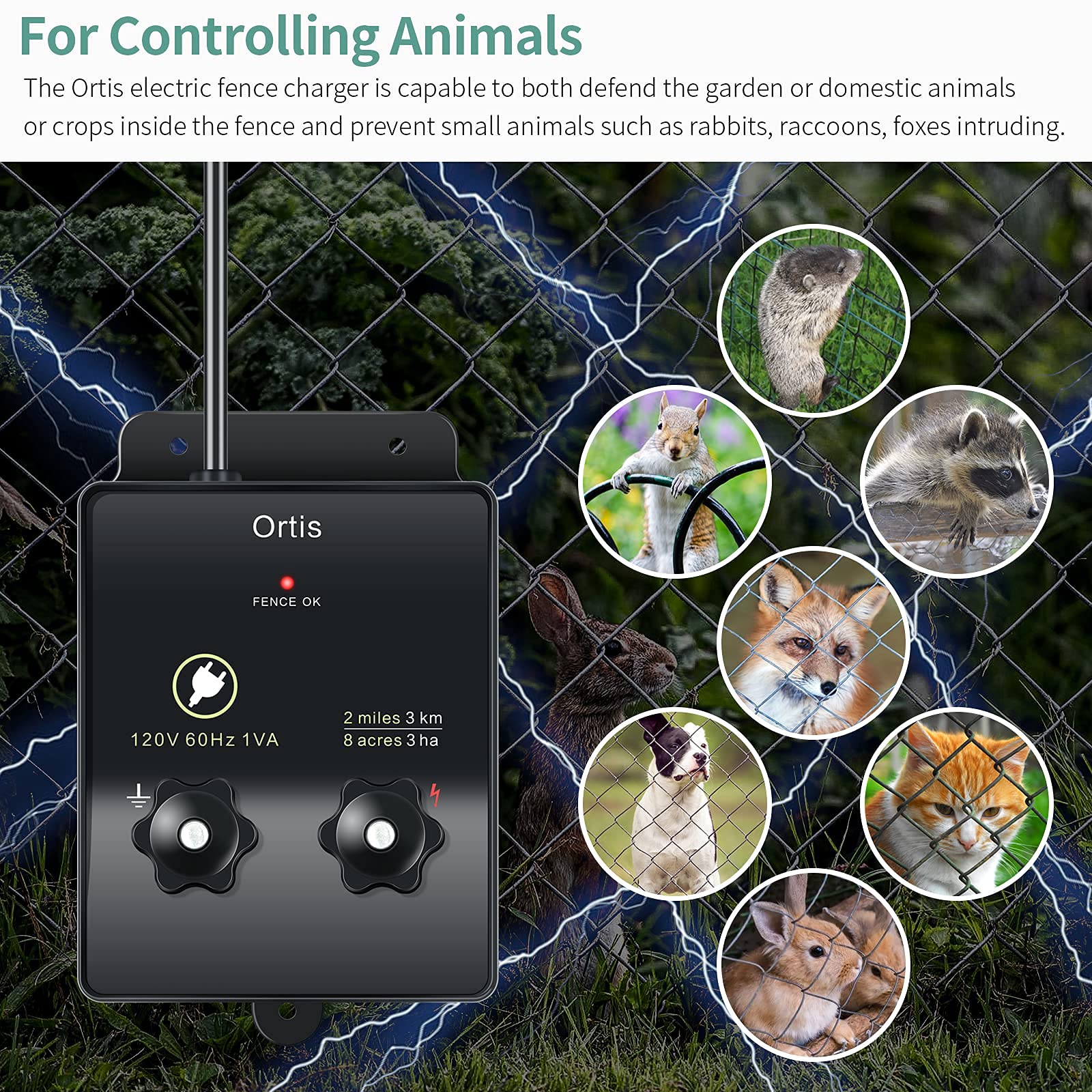 Electric Fence Energizer, Ortis 2-Mile/ 8 Acres Electric Fence Controller for Dogs, Livestock, Squirrels, Used for Gardens, Chicken Coops, 0.1 Joule