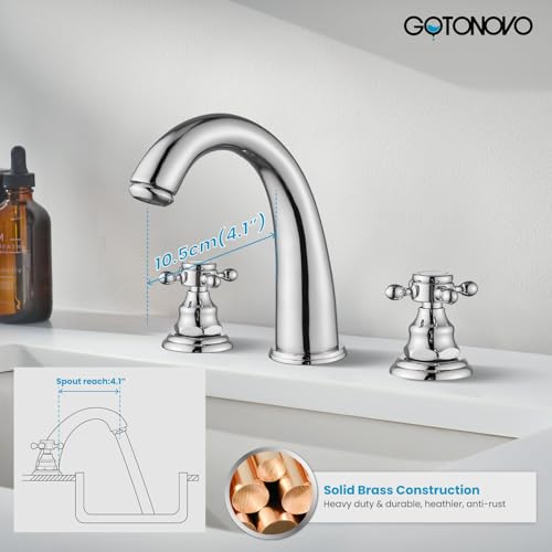 gotonovo 3 Hole Deck Mount 2 Handles Lavatory Basin Bathroom Sink Faucet with Pop Up Drain with Hot and Cold Mixer Valves 8 Inch Widespread Bathroom Faucet Chrome Polished Double Cross Handle