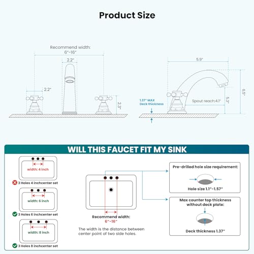 gotonovo 3 Hole Deck Mount 2 Handles Lavatory Basin Bathroom Sink Faucet with Pop Up Drain with Hot and Cold Mixer Valves 8 Inch Widespread Bathroom Faucet Chrome Polished Double Cross Handle